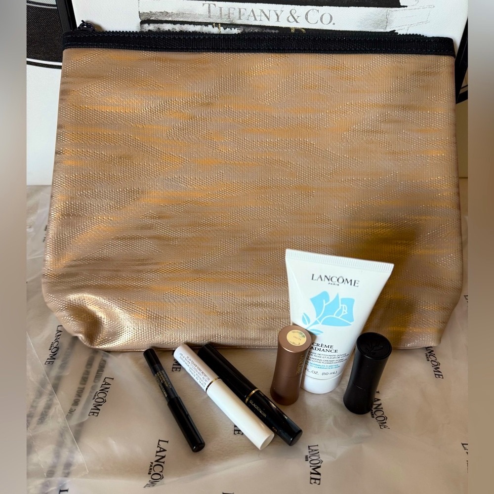 New Lancome Gold Cosmetic Bag and Makeup Set